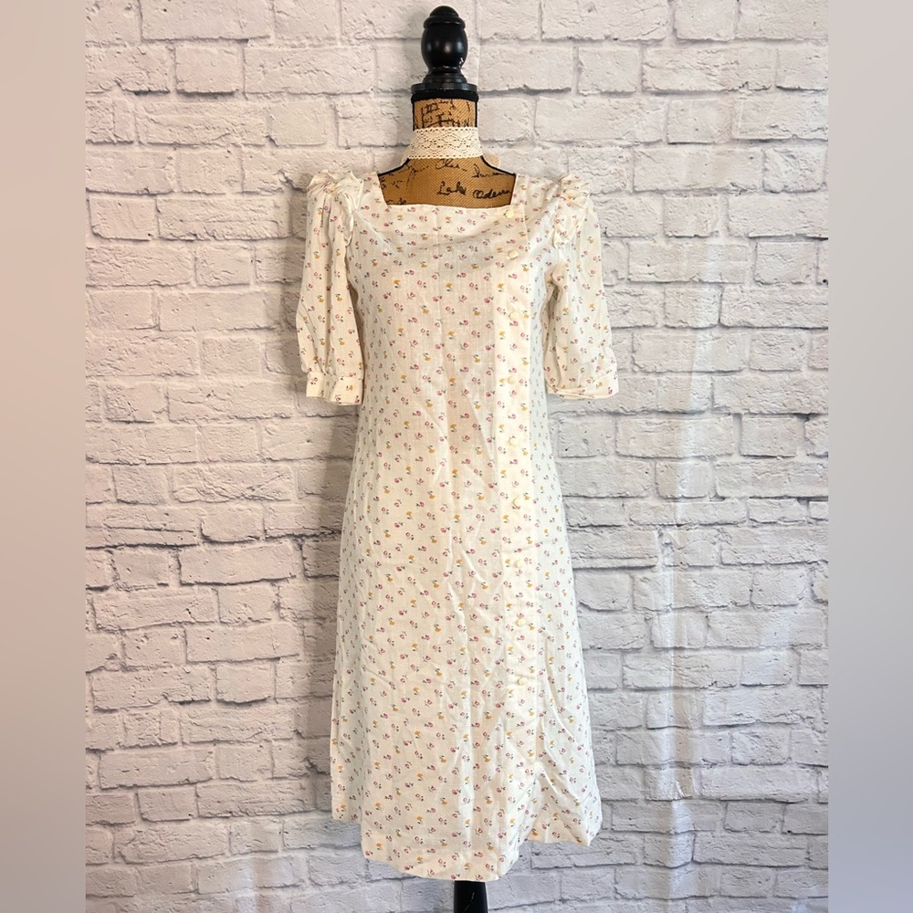 Vintage 70s 80s Midi Dress White Floral Romantic Feminine Coquette Girlhood - Picture 3 of 11
